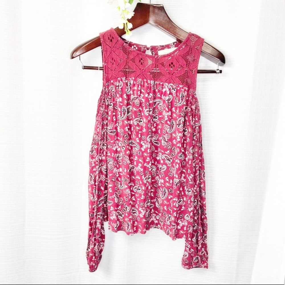 No Commentboho Burgundy Lace Paisley Print Cold Shoulder Long Sleeve Small
